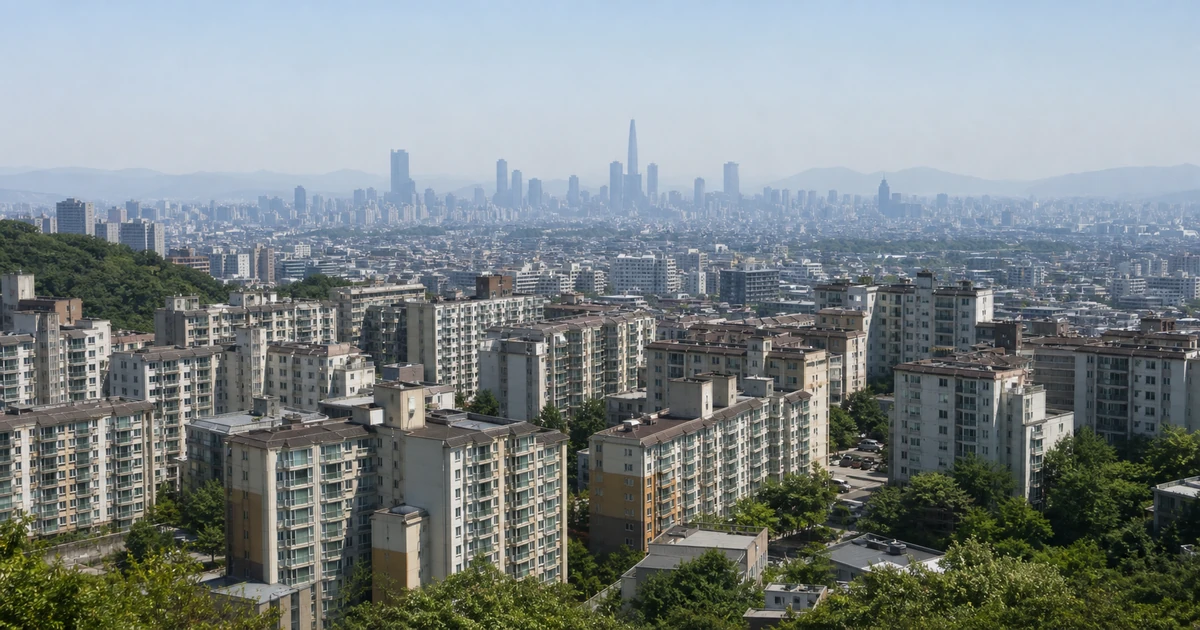 서울 강북 외곽의 중층 아파트 단지와 멀리 보이는 강남 고층 스카이라인이 한 화면에 대비되는 전경